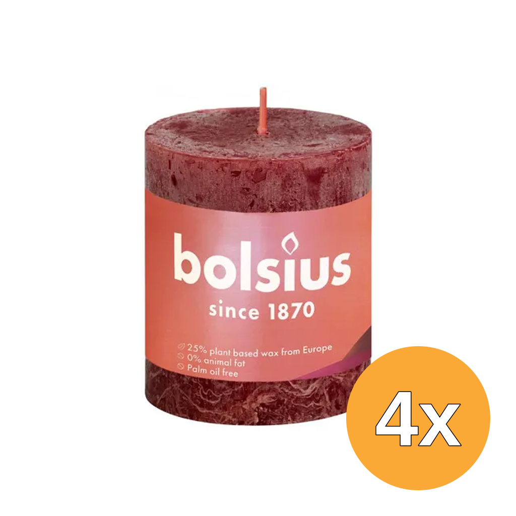 4x Bolsius Rustiekkaars Shine 80/68 Velvet Red (1 stuk)