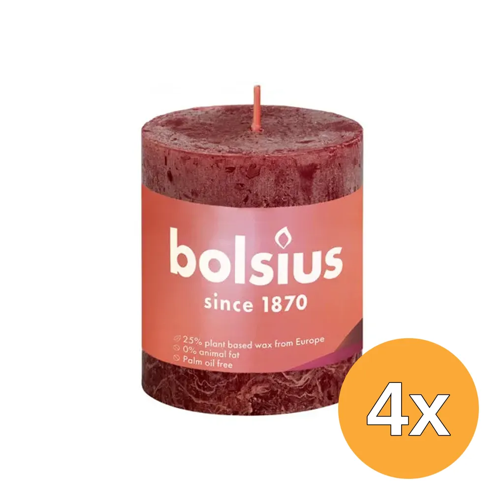 4x Bolsius Rustiekkaars Shine 80/68 Velvet Red (1 stuk)