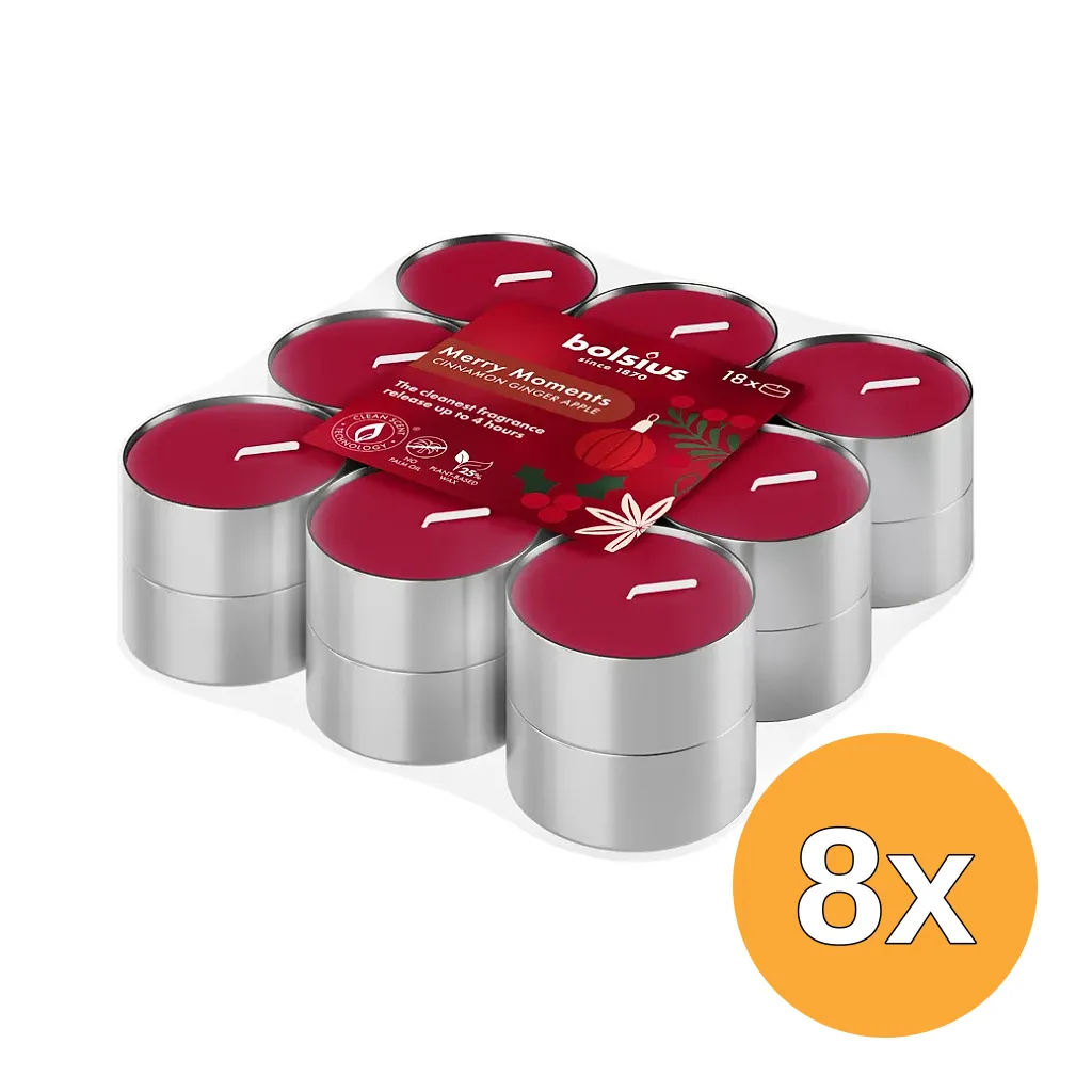 8x Bolsius Geurtheelichten 4u True Glow Merry Moments (18 stuks)