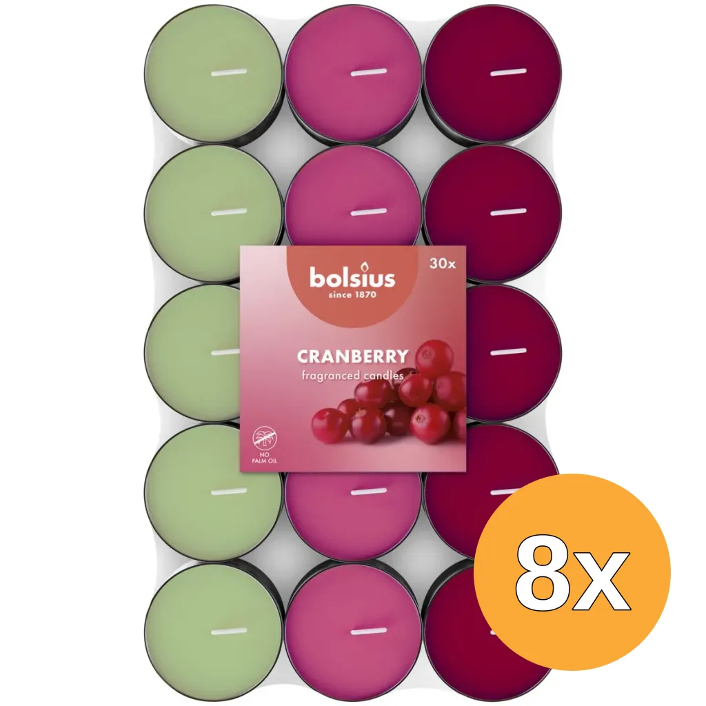 8x Bolsius Geurtheelicht 3,5U Cranberry Pack (30 stuks)