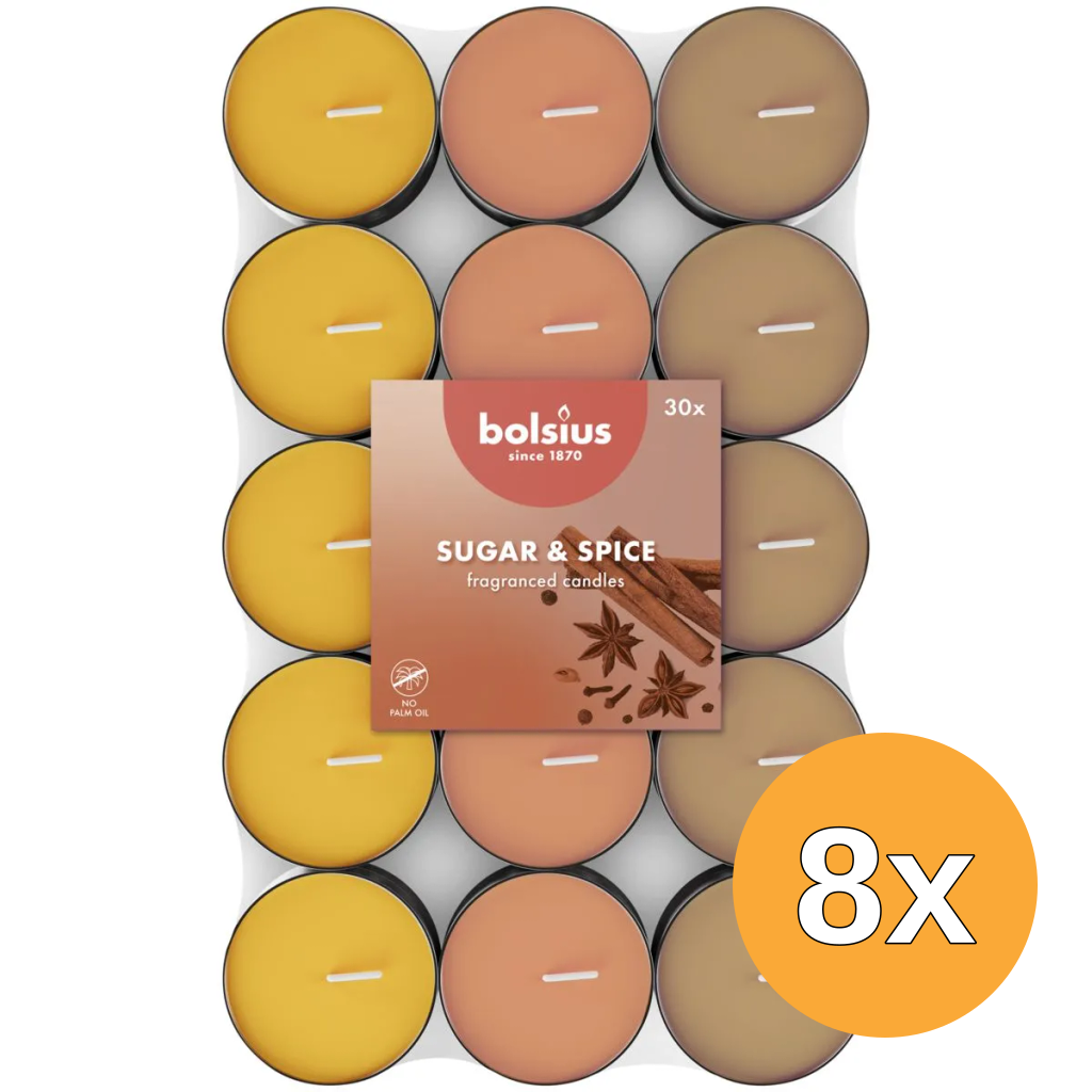 8x Bolsius Geurtheelicht 3,5U Sugar & Spice Pack   (30 stuks)