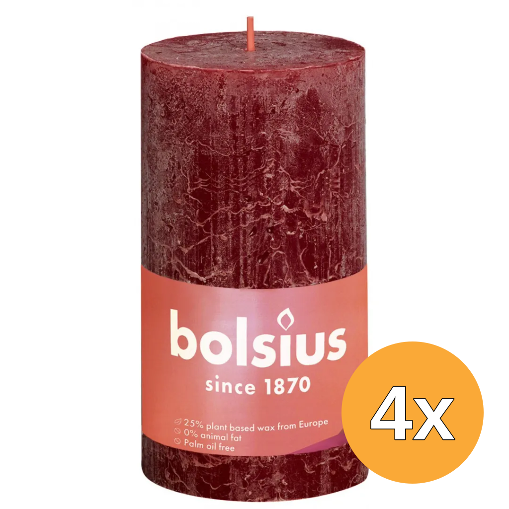 4x Bolsius Rustiekkaars Shine 130/68 Velvet Red (1 stuk)
