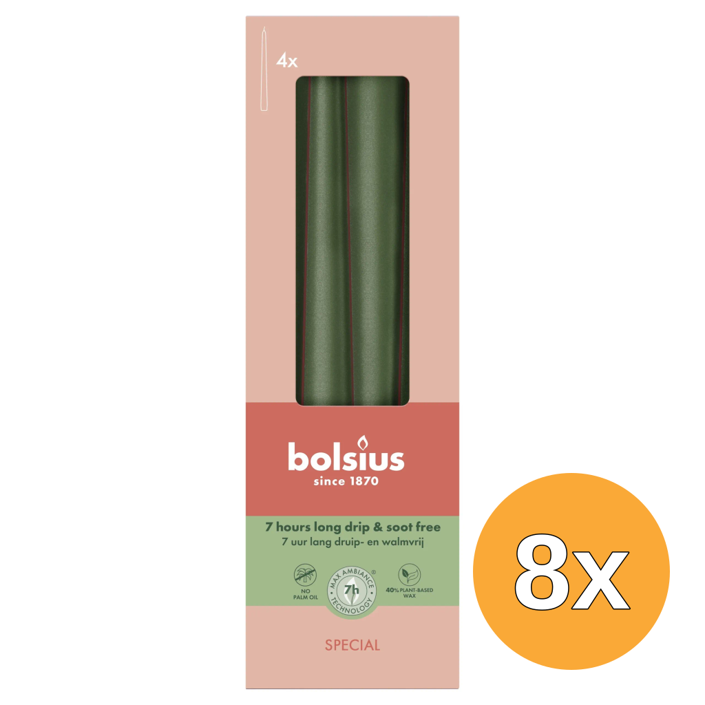8x Bolsius Gotische kaarsen 245/24 doos 4 metallic Green (4 stuks)