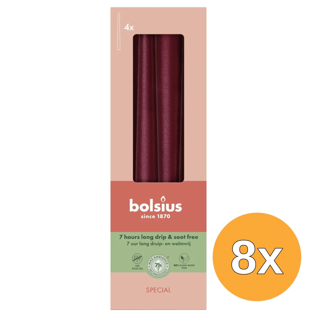 8x Bolsius Gotische kaarsen 245/24 doos 4 metallic Red (4 stuks)