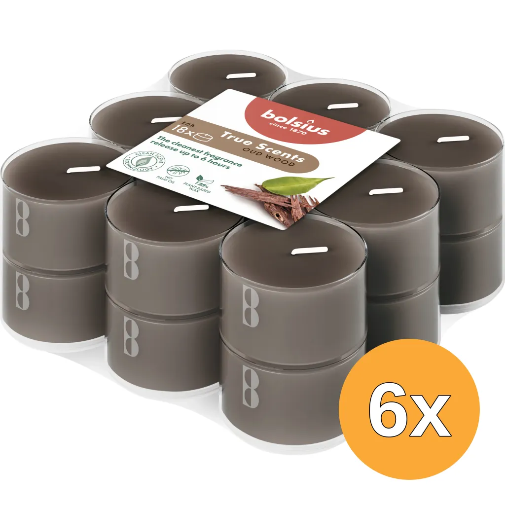 6x Bolsius Geurtheelichten Clear Cup 6U True Scents Oud Wood (1 stuk)