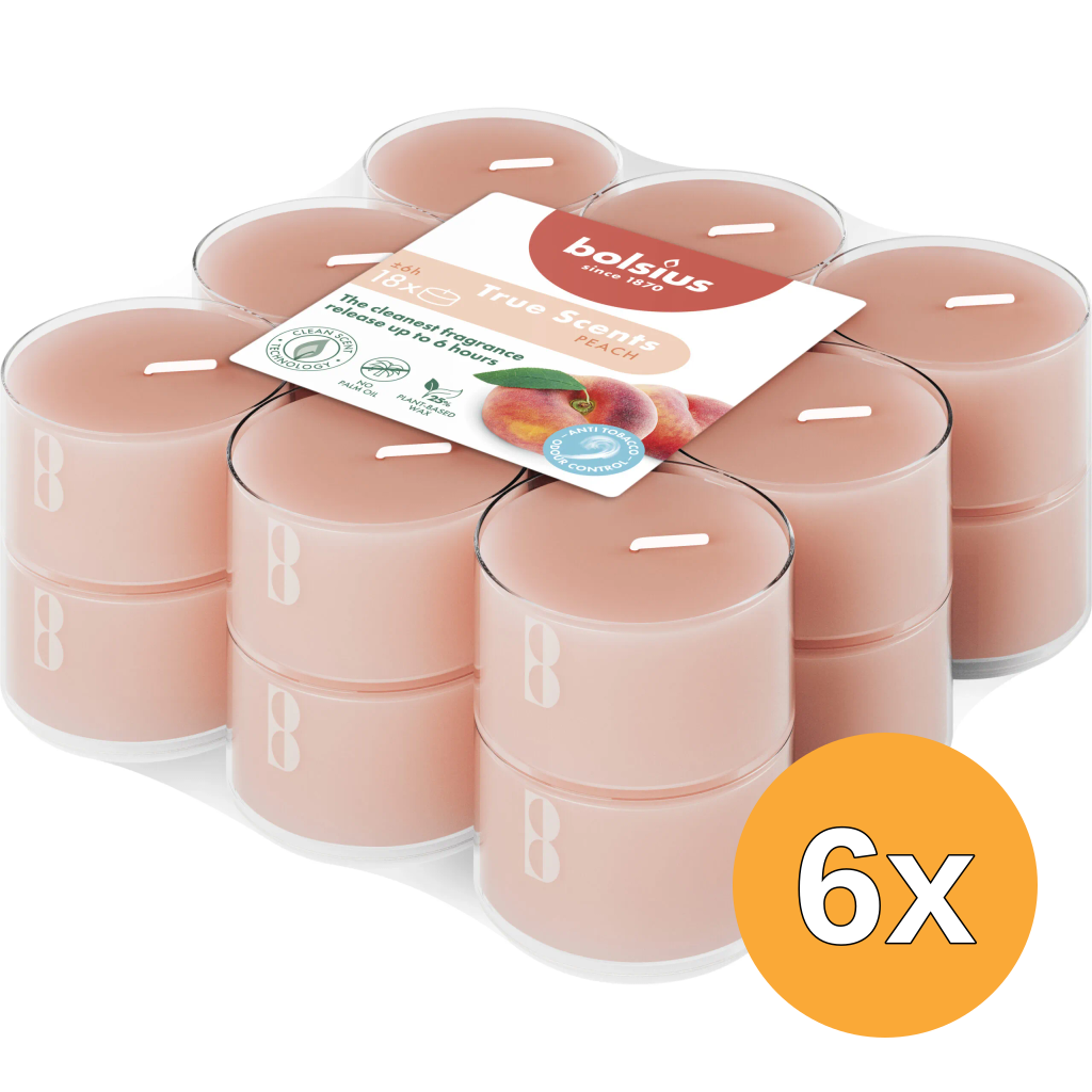 6x Bolsius Geurtheelichten Clear Cup 6U True Scents Peach (1 stuk)