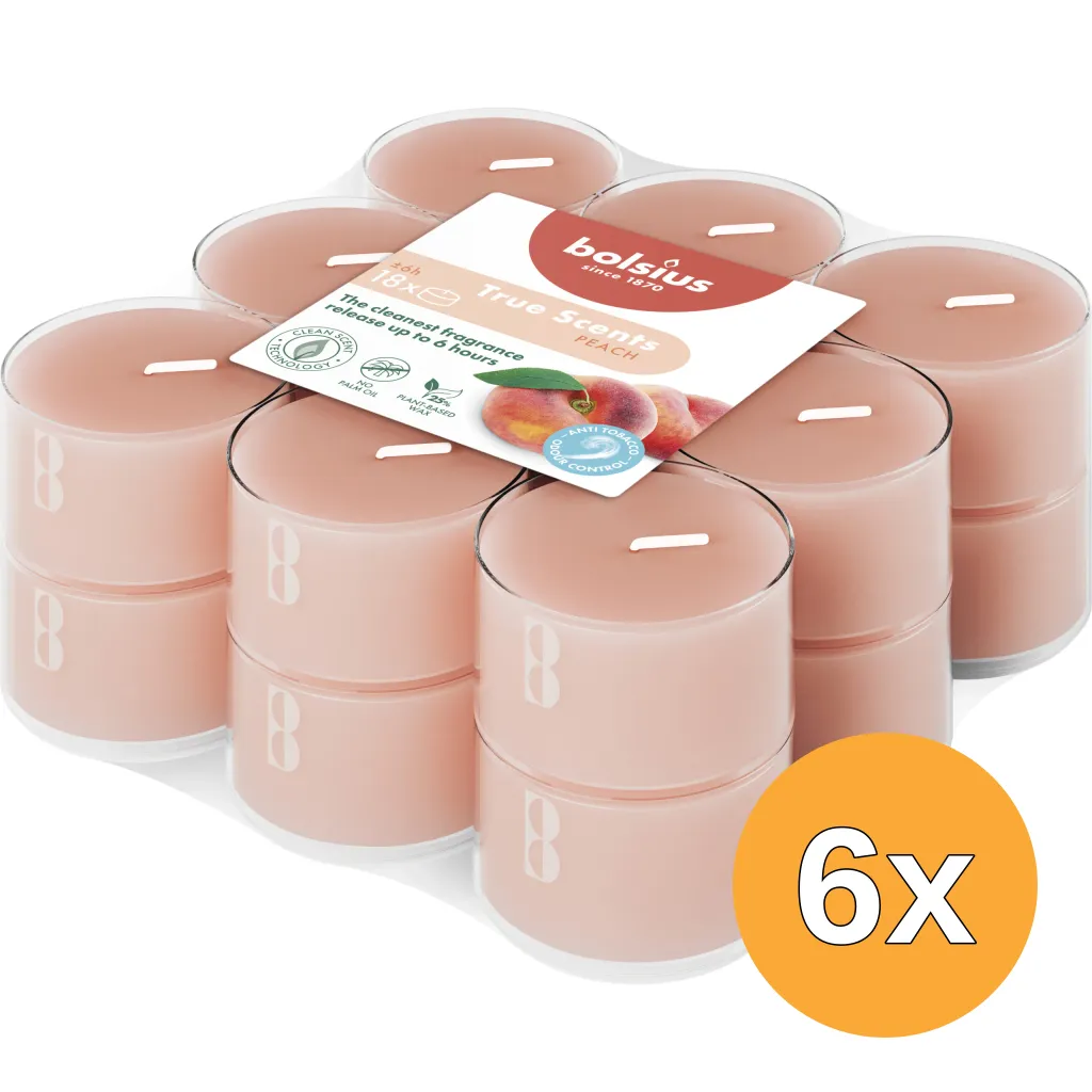 6x Bolsius Geurtheelichten Clear Cup 6U True Scents Peach (1 stuk)