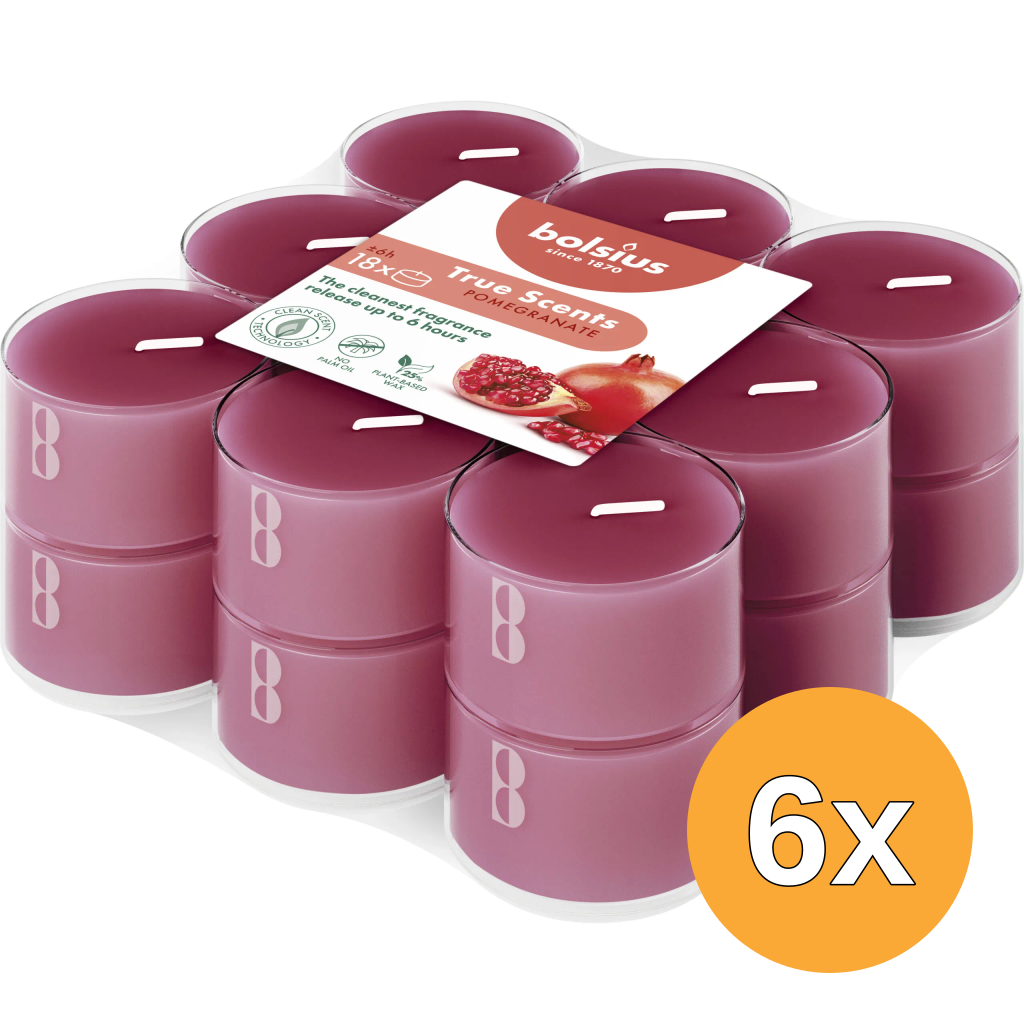 6x Bolsius Geurtheelichten Clear Cup 6U True Scents Pomegranate (1 stuk)