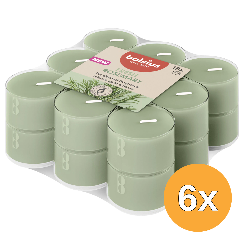 6x Bolsius Geurtheelichten clear cup 6u True Scents Rosemary (18 stuks)