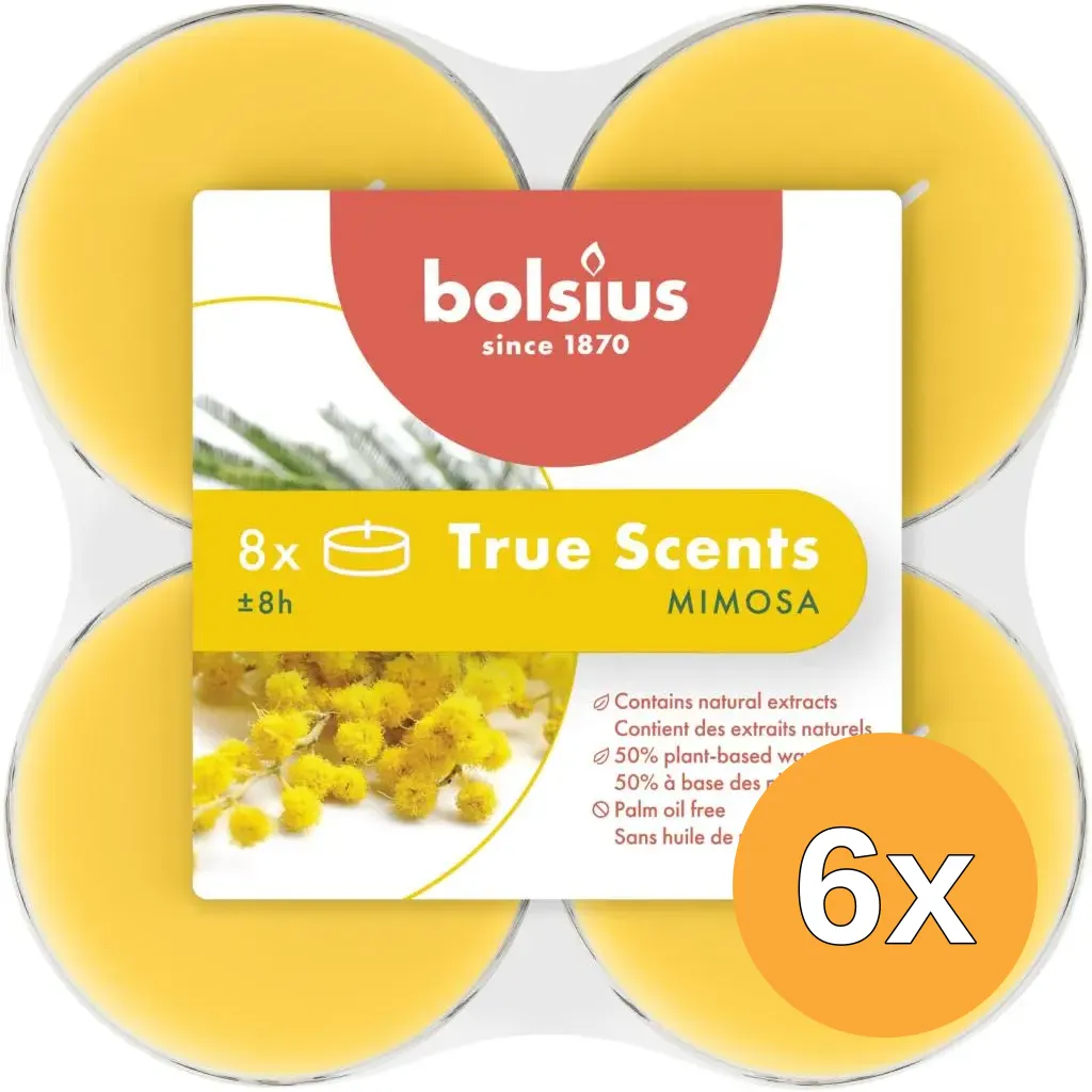 6x Bolsius True Scents Maxilichten Clear Cup Mimosa 8U (8 stuks)