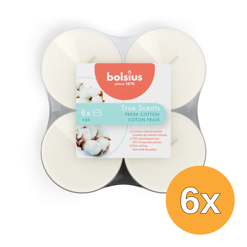 6x Bolsius True Scents Maxilicht Fresh Cotton (8 stuks)