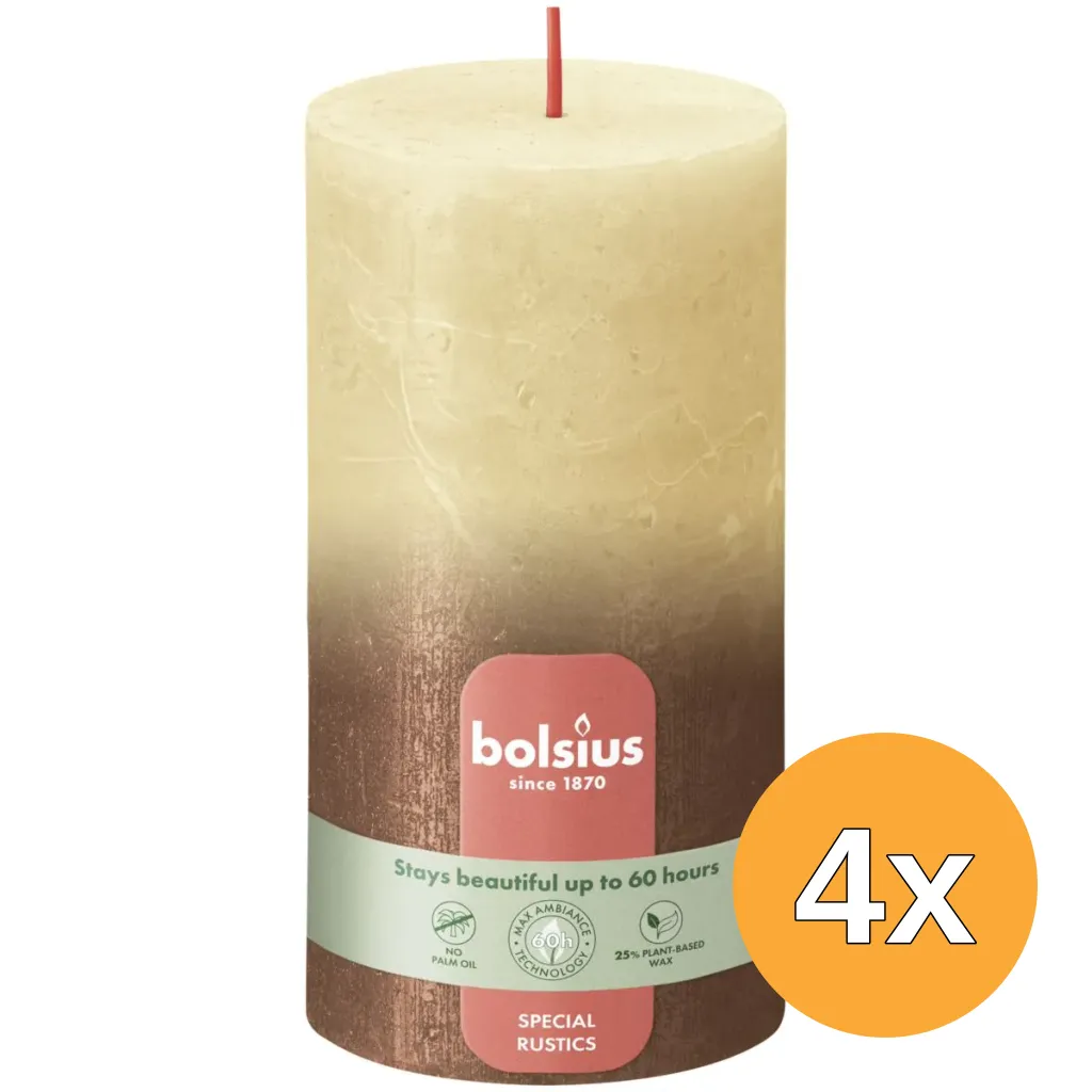 4x Bolsius Rustiek Fading Metallic Stompkaars 130/68 Oat Beige + Copper (1 stuk)