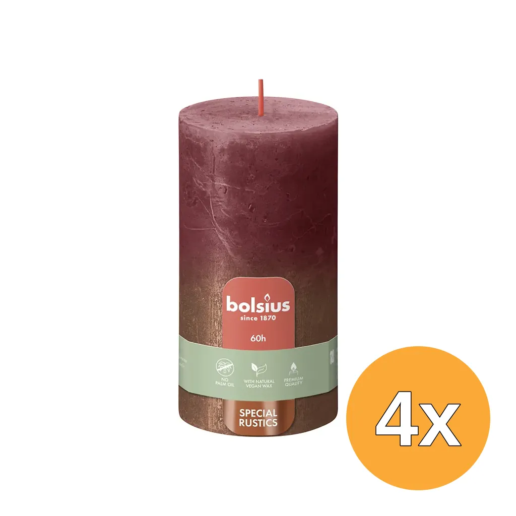 4x Bolsius Fading Metallic Rustiekkaars 130/68 Velvet Red + Copper (1 stuk)