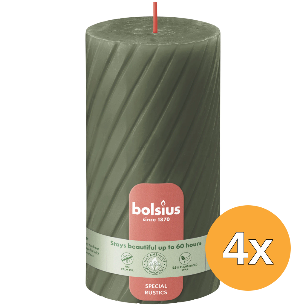 4x Bolsius Rustiek twist stompkaars 130/68 Fresh Olive (1 stuk)