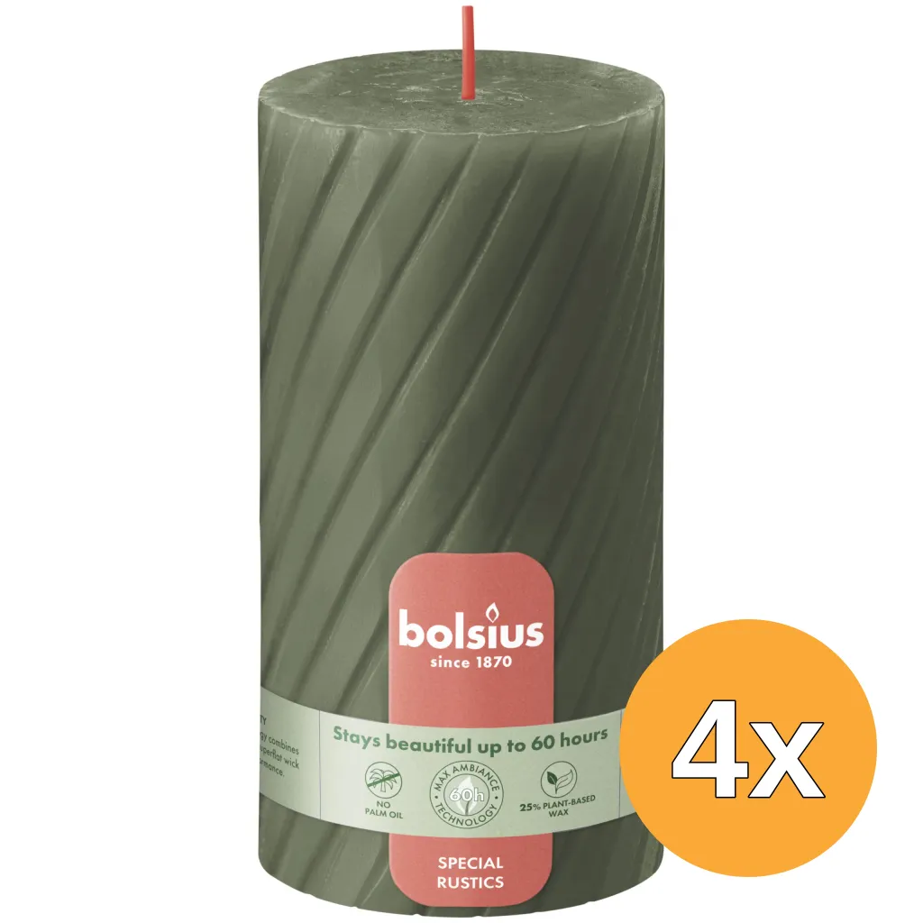 4x Bolsius Rustiek twist stompkaars 130/68 Fresh Olive (1 stuk)