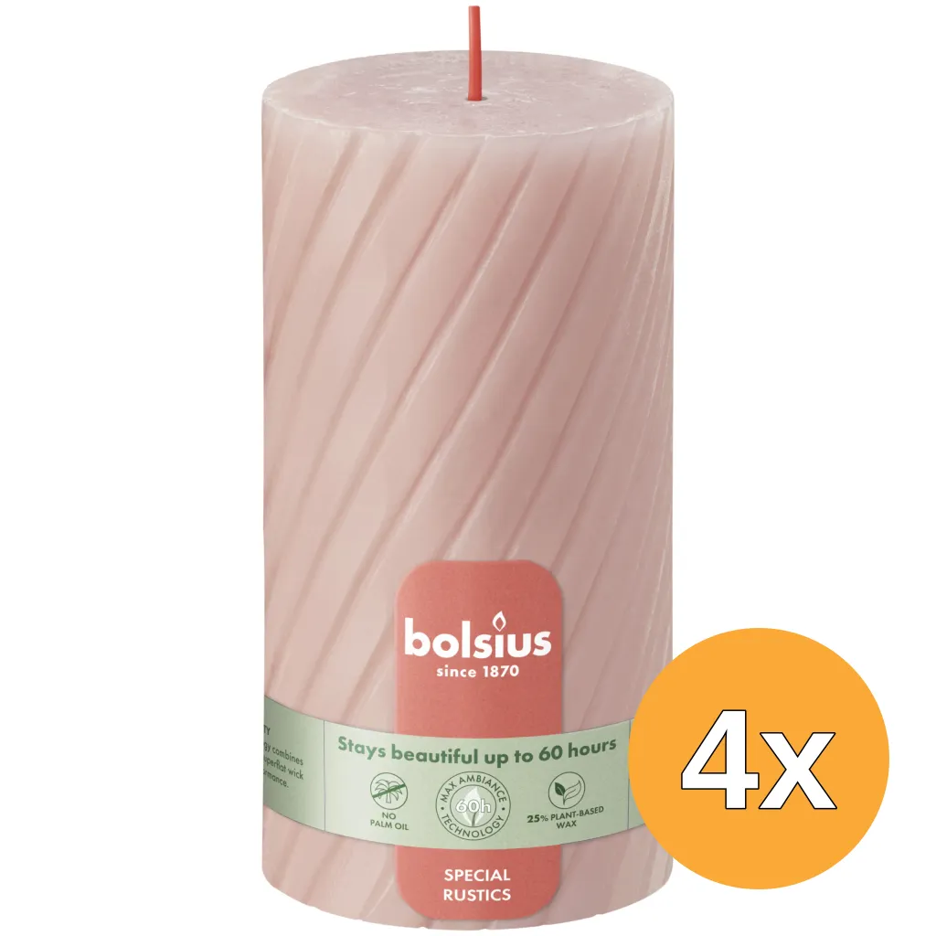 4x Bolsius Rustiek twist stompkaars 130/68 Misty Pink (1 stuk)