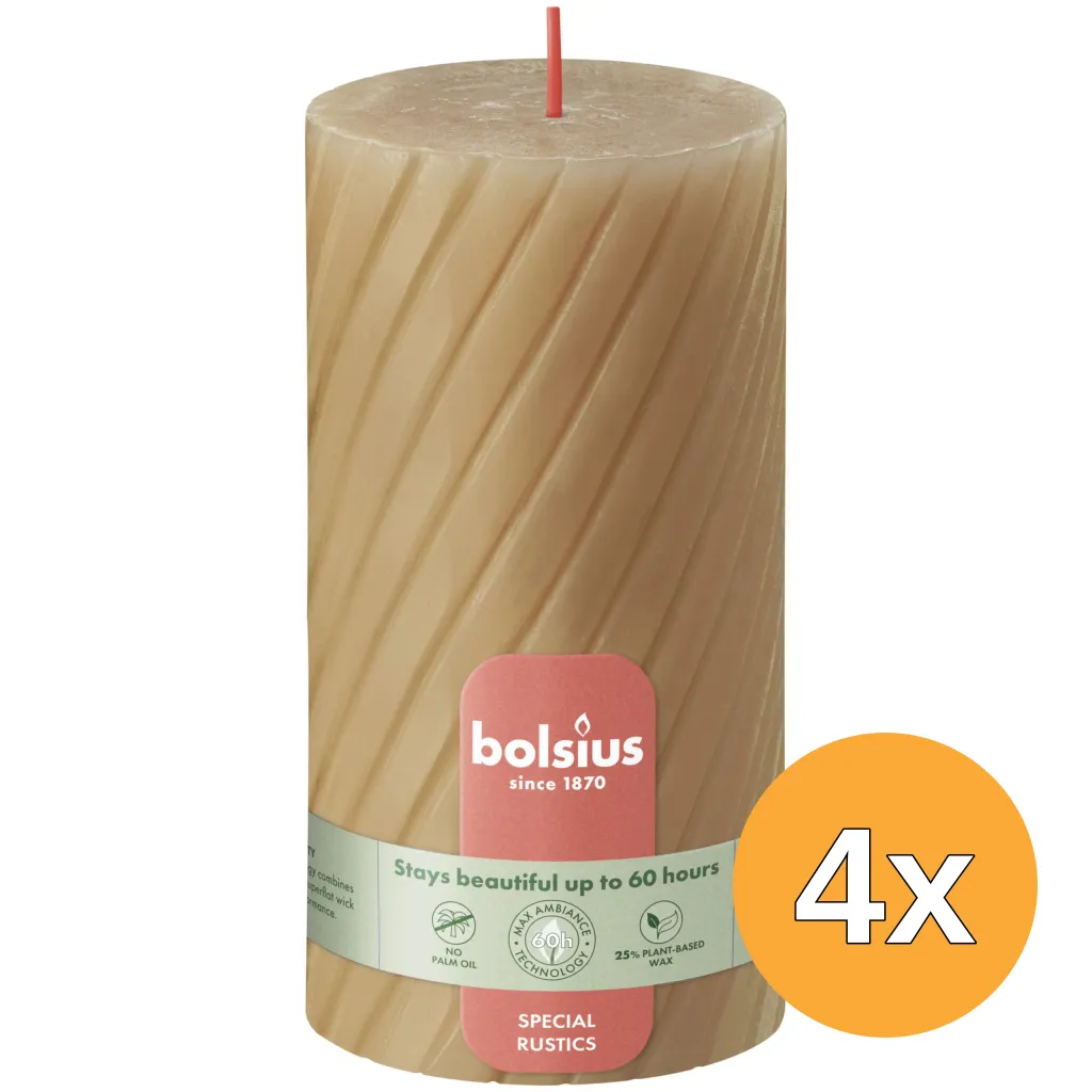 4x Bolsius Rustiek twist stompkaars 130/68 Oat Beige (1 stuk)