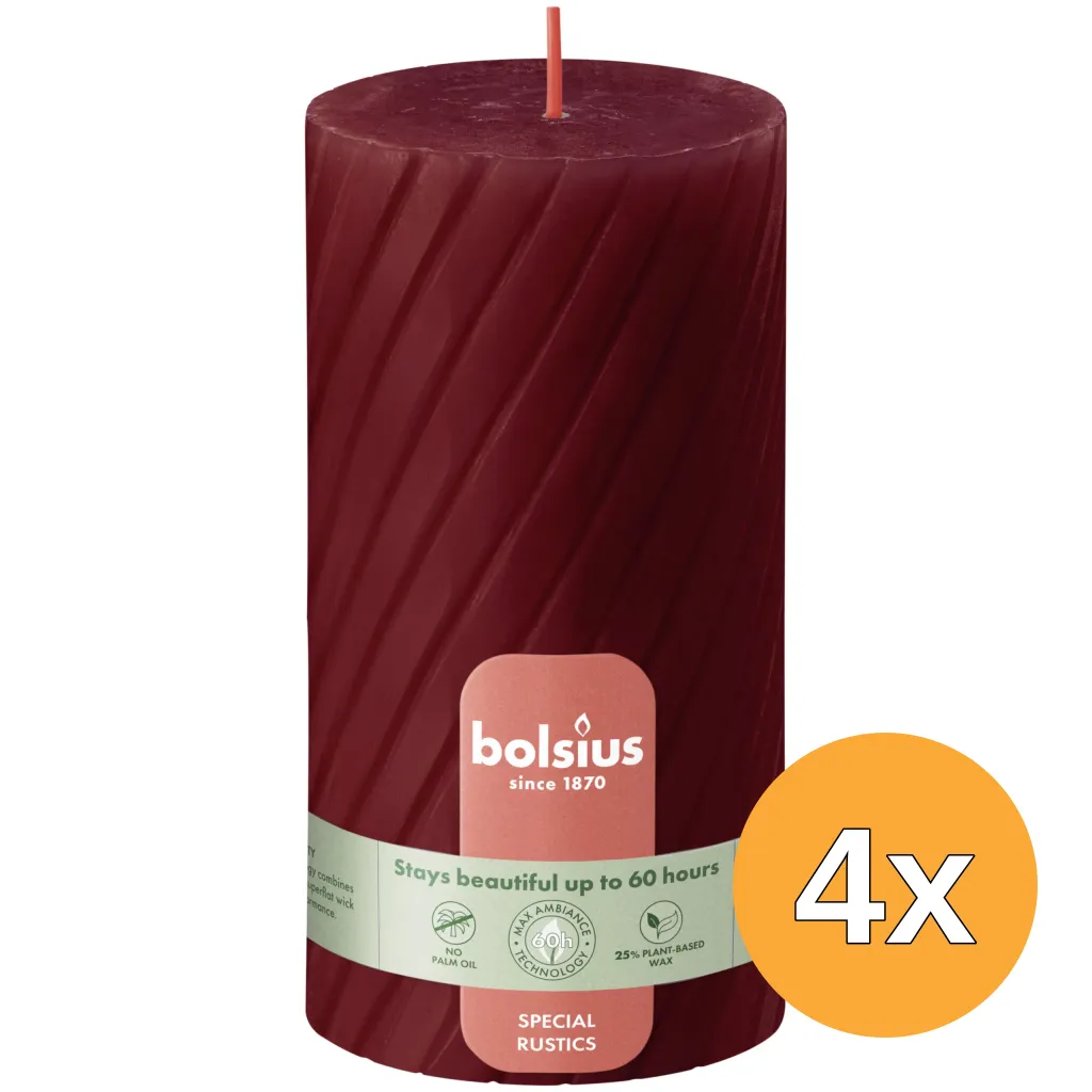 4x Bolsius Rustiek twist stompkaars 130/68 Red (1 stuk)