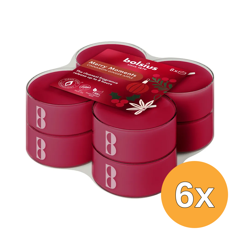 6x Bolsius Maxilichten clear cup 8u True Glow Merry Moments (8 stuks)