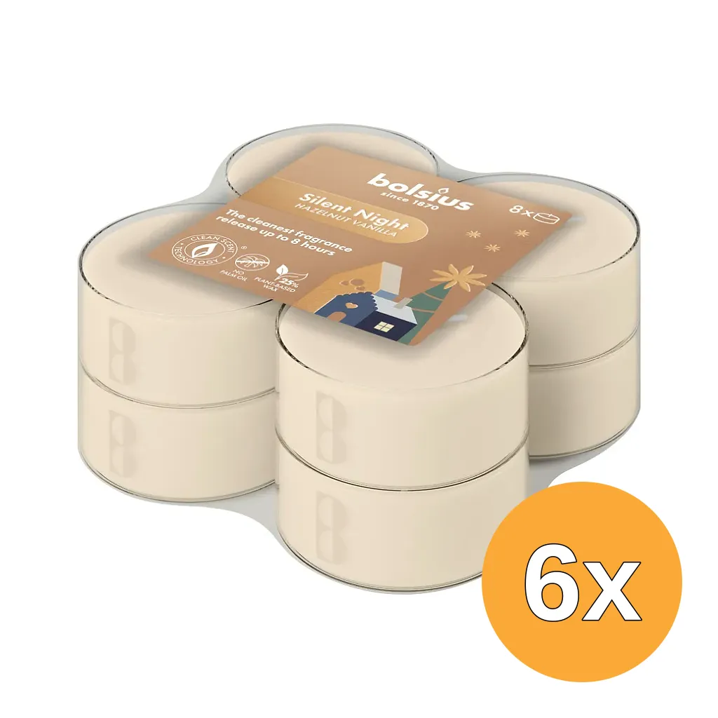 6x Bolsius Maxilichten clear cup 8u True Glow Silent Night (8 stuks)