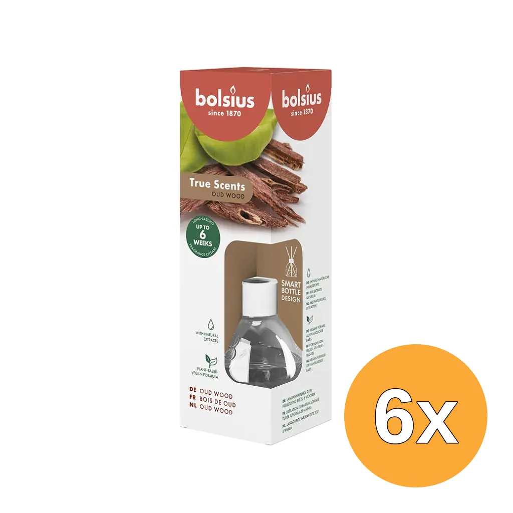6x Bolsius True Scents Geurverspreider Oud Wood (60 ml)