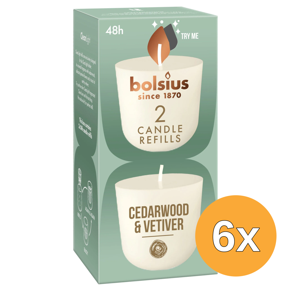 6x Bolsius Navulling Clean Light pack 2 Cedarwood & Vetiver (2 stuks)