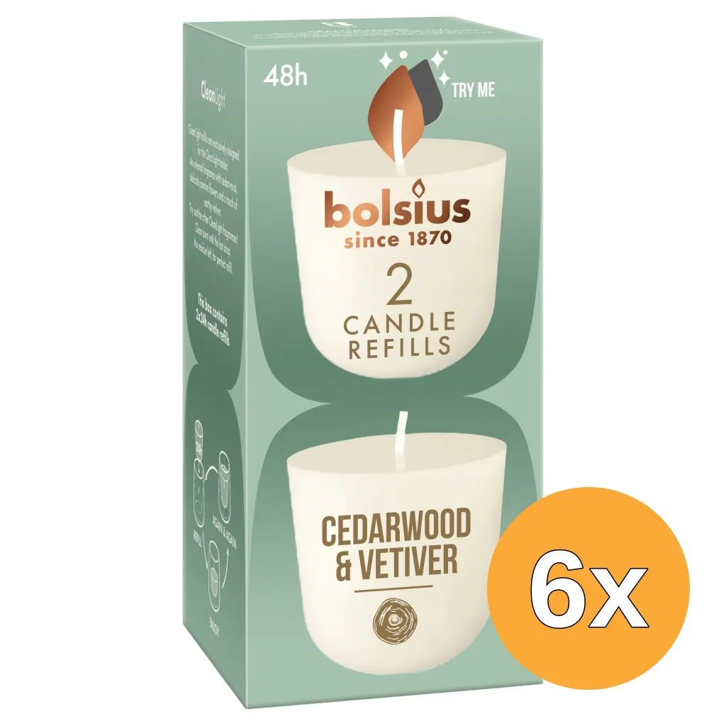 6x Bolsius Navulling Clean Light pack 2 Cedarwood & Vetiver (2 stuks)