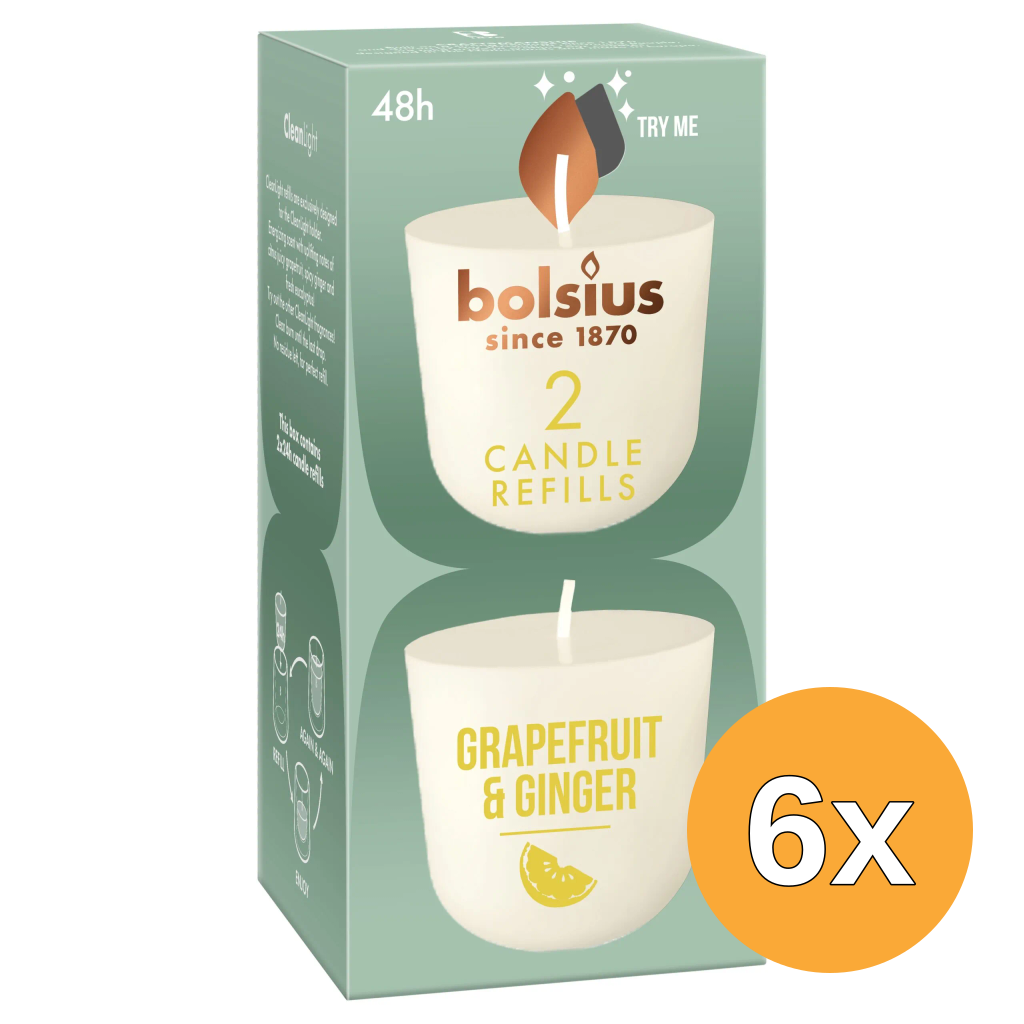 6x Bolsius Navulling Clean Light pack 2 Grapefruit & Ginger (2 stuks)