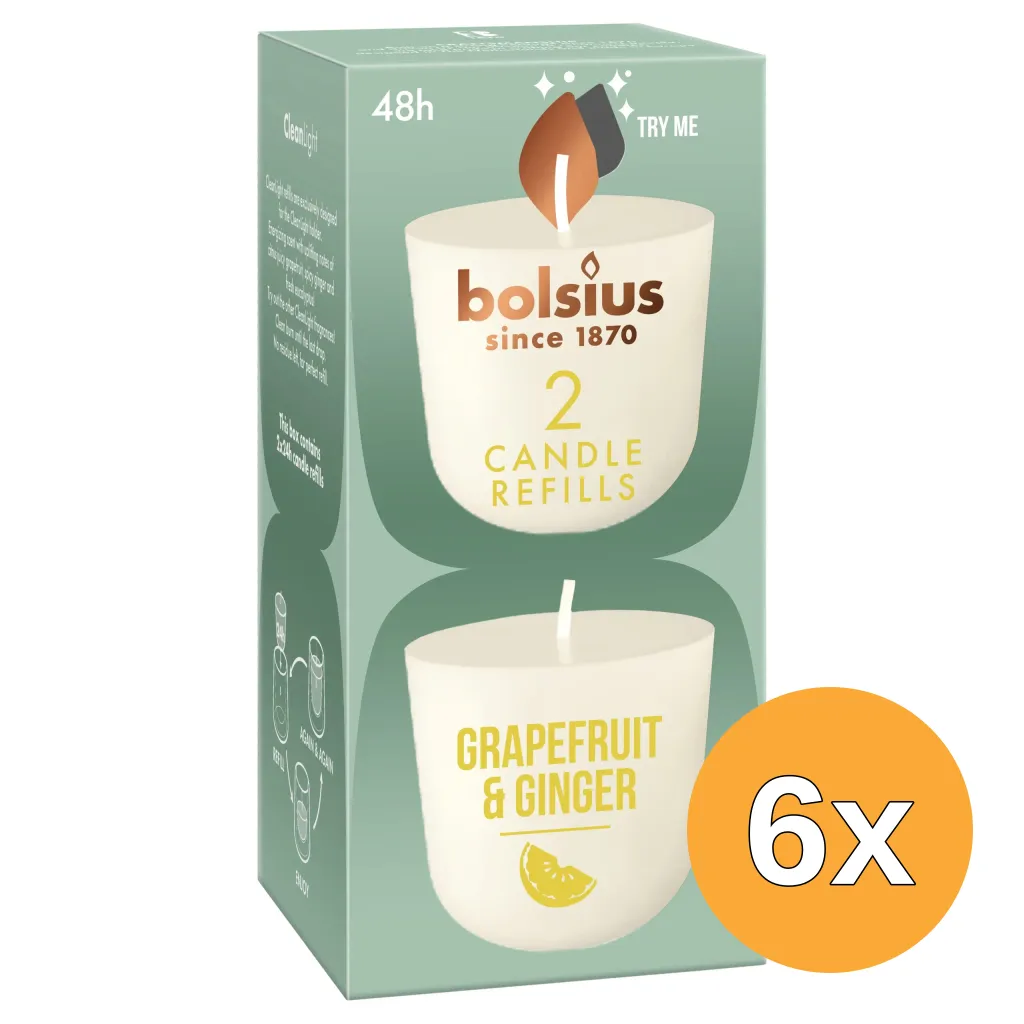 6x Bolsius Navulling Clean Light pack 2 Grapefruit & Ginger (2 stuks)