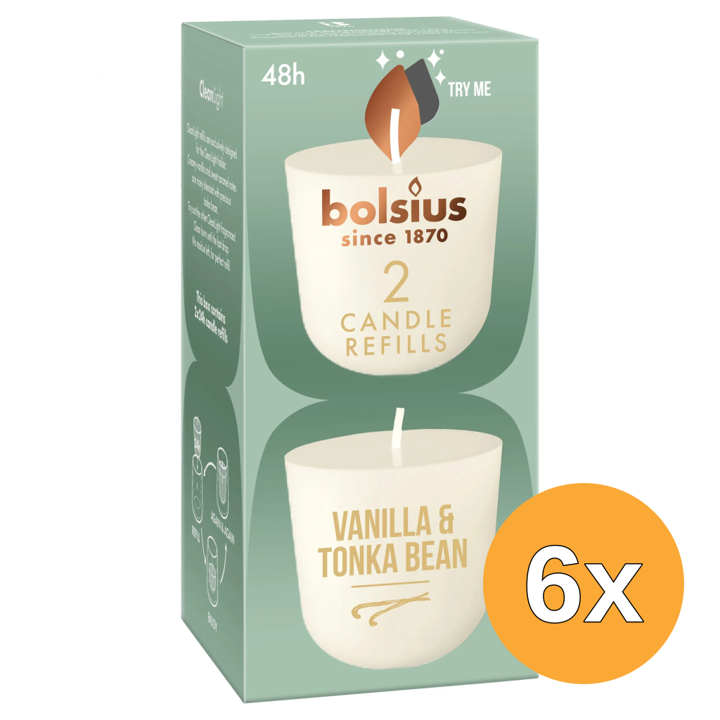 6x Bolsius Navulling Clean Light pack 2 Vanille & Tonkaboon (2 stuks)