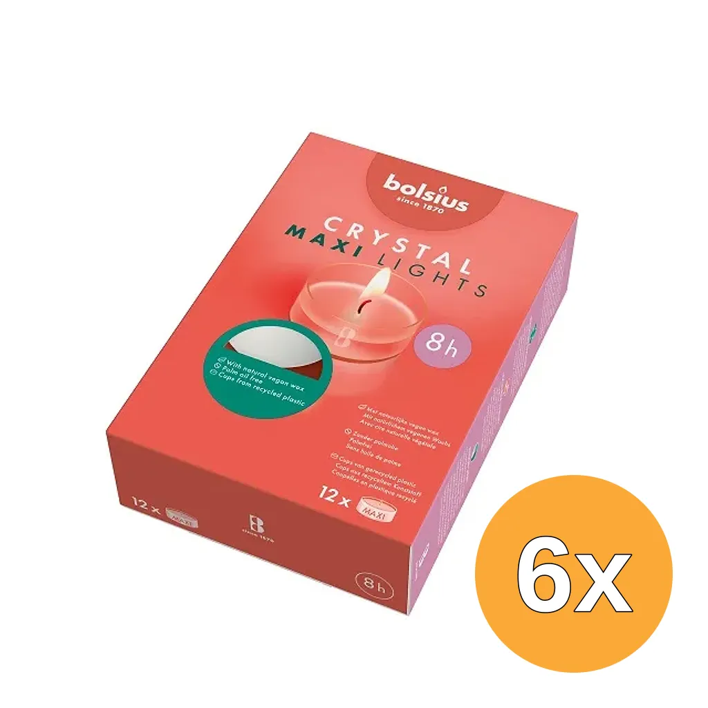 6x Bolsius Crystal Maxi Lights 8 Uur (12 stuks)