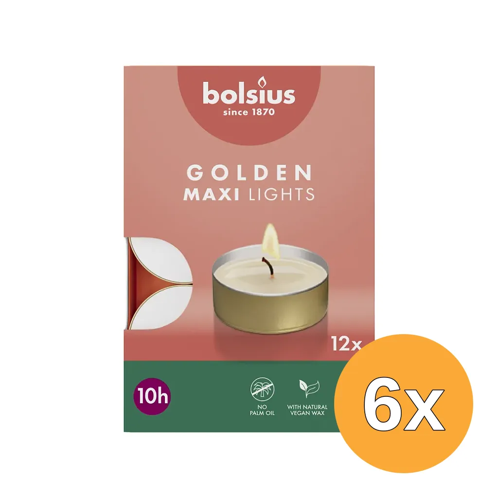 6x Bolsius Maxi-Lichten 10U Gouden Cup (12 stuks)