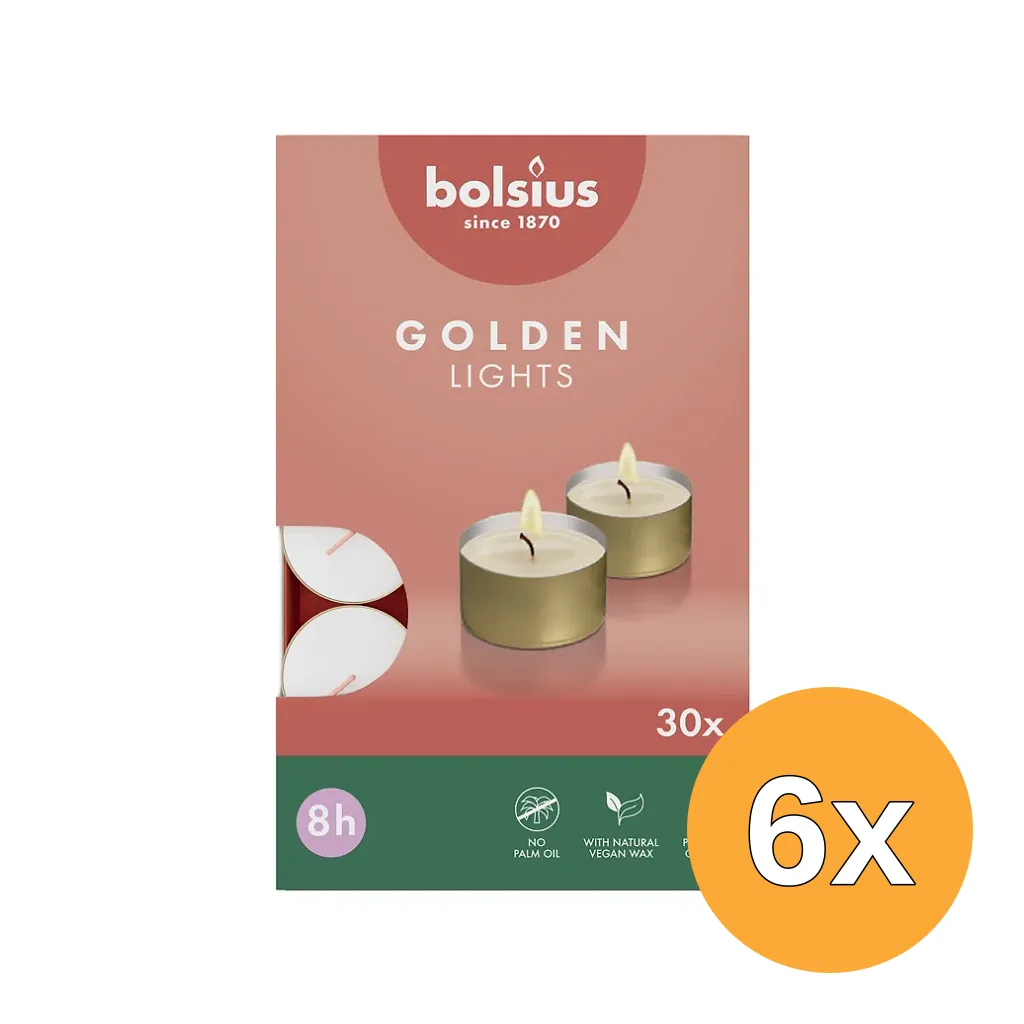 6x Bolsius Theelichten 8-Uur Wit / Gouden Cup (30 stuks)