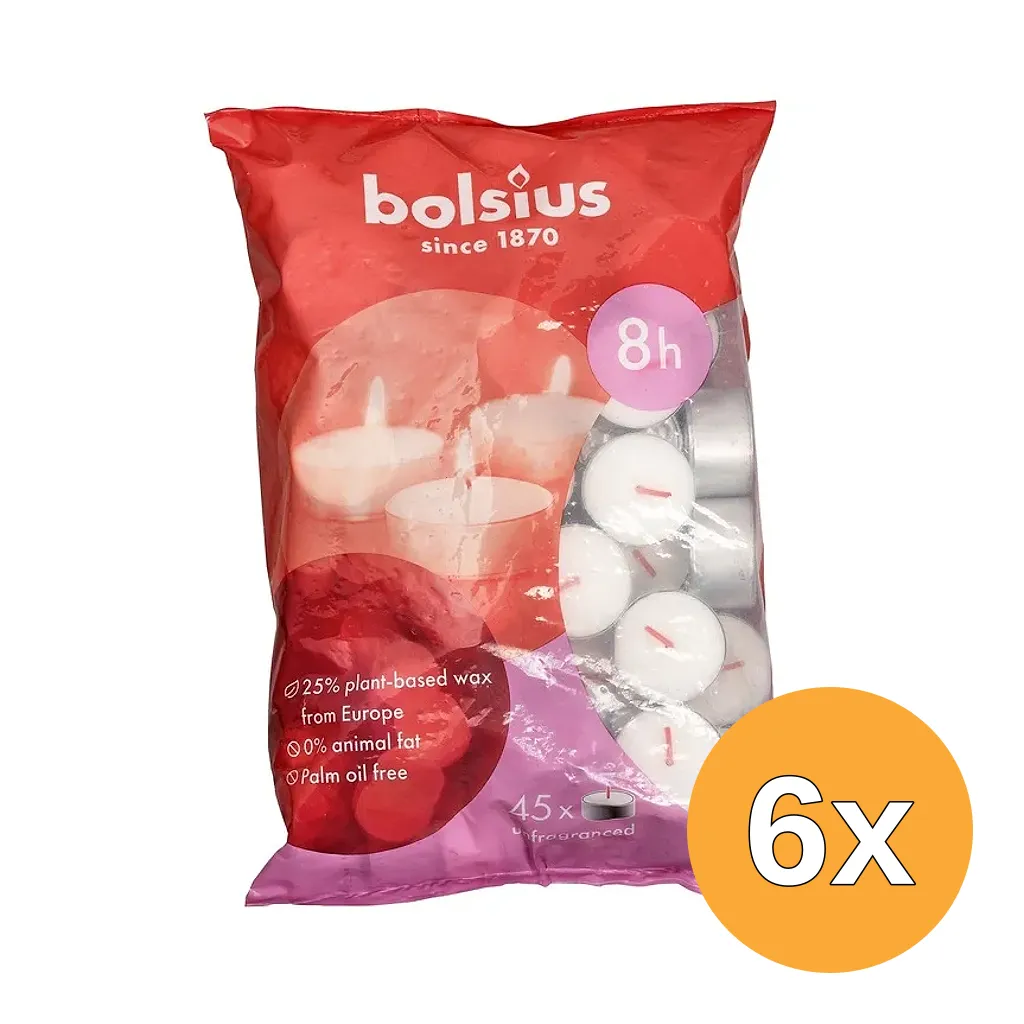 6x Bolsius Duurzaam Theelicht 8-Uur Zak Wit (45 stuks)