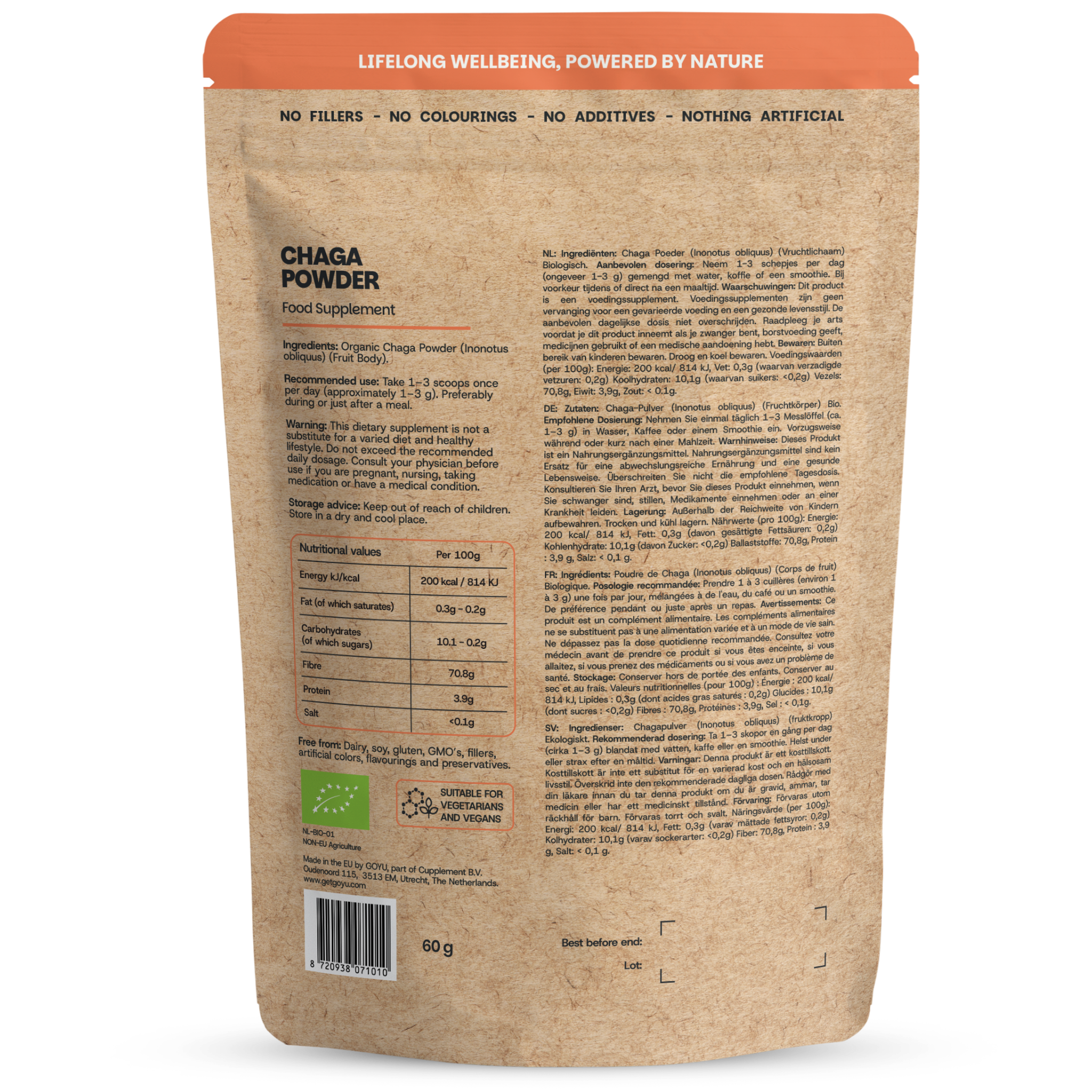 Goyu Chaga Poeder Biologisch – Puur Paddenstoelenpoeder voor Thee, Koffie & Smoothies (60 gram)