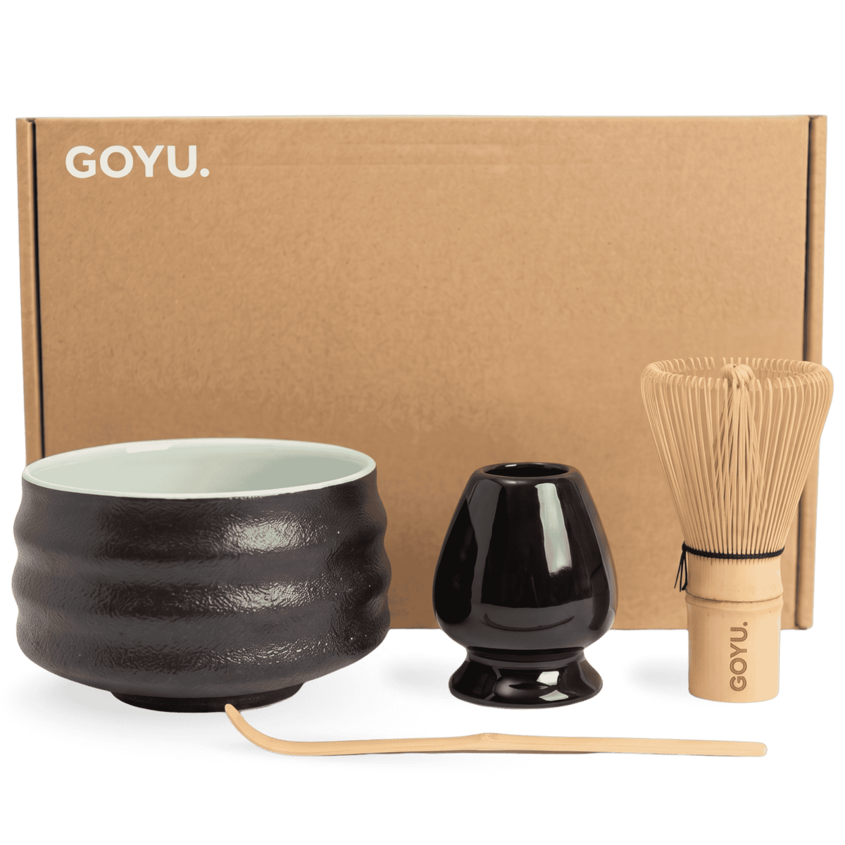 Goyu Matcha Starterset Zwart – Bamboe Klopper, Kom & Lepel (1 set (bamboe klopper, lepel, kom, houder))