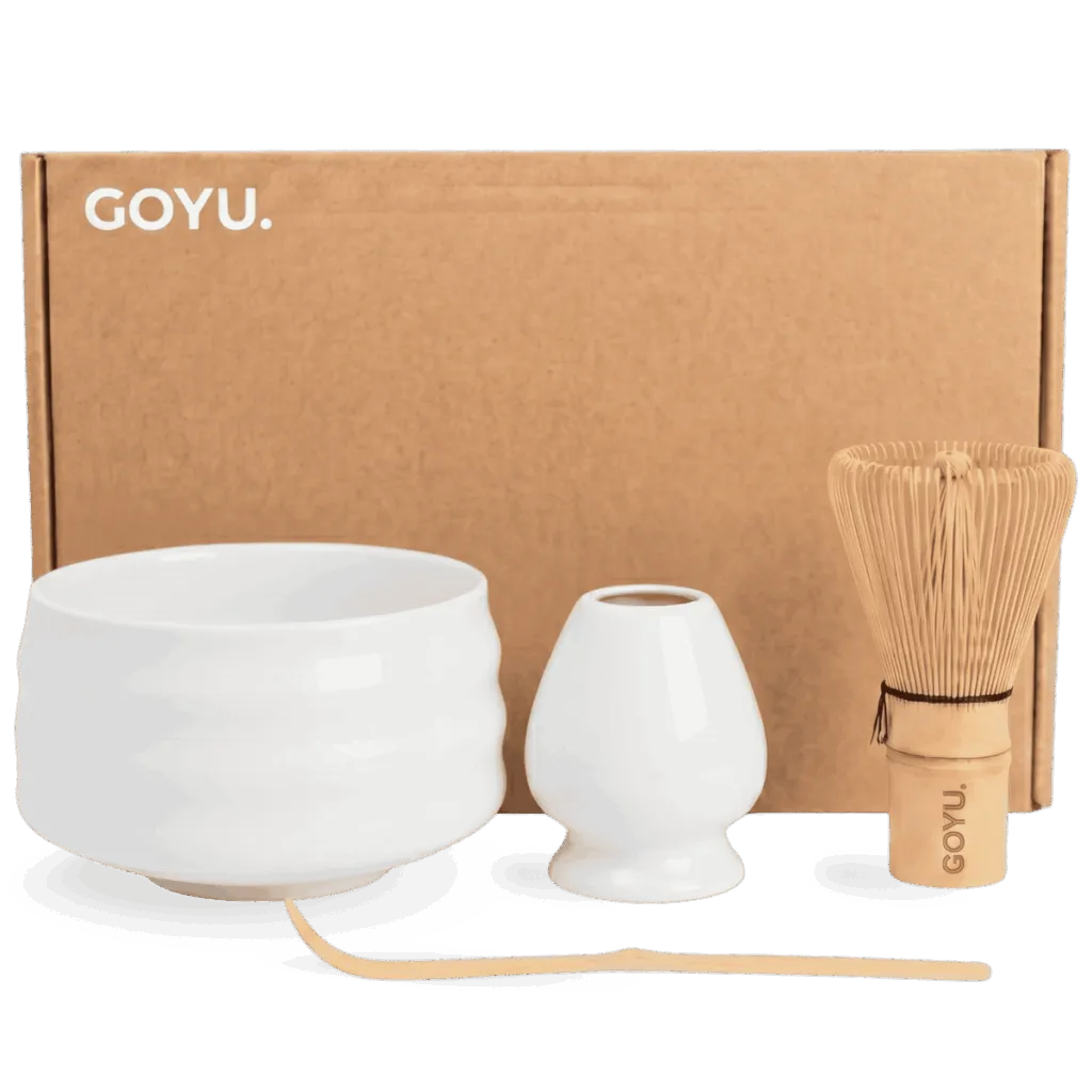 Goyu Matcha Starterset Wit – Bamboe Klopper, Kom & Lepel (1 set (bamboe klopper, lepel, kom, houder)