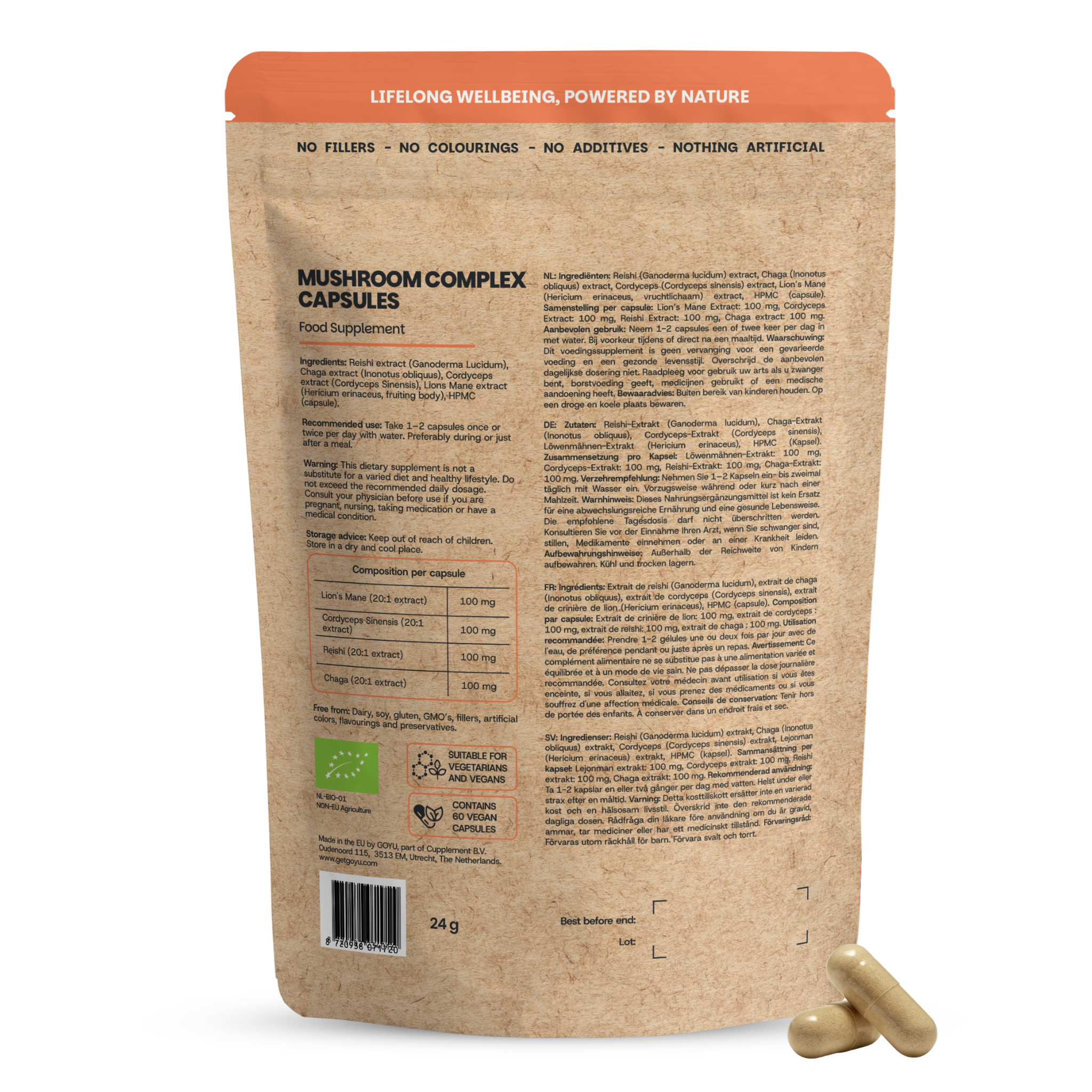Goyu Paddenstoelen Complex Capsules – Reishi, Lion's Mane, Cordyceps & Chaga Bio (60 capsules)
