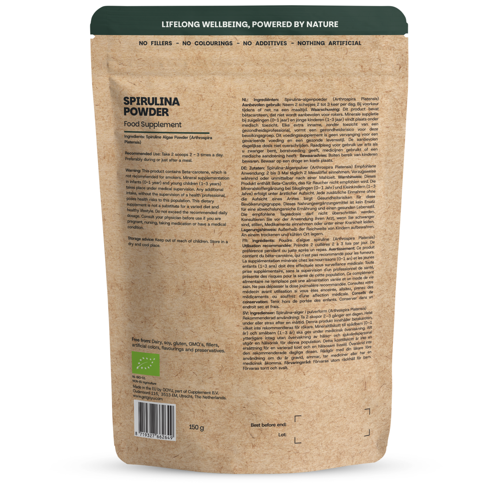 Goyu Spirulina Poeder Biologisch - Arthrospira Platensis (150 gram)