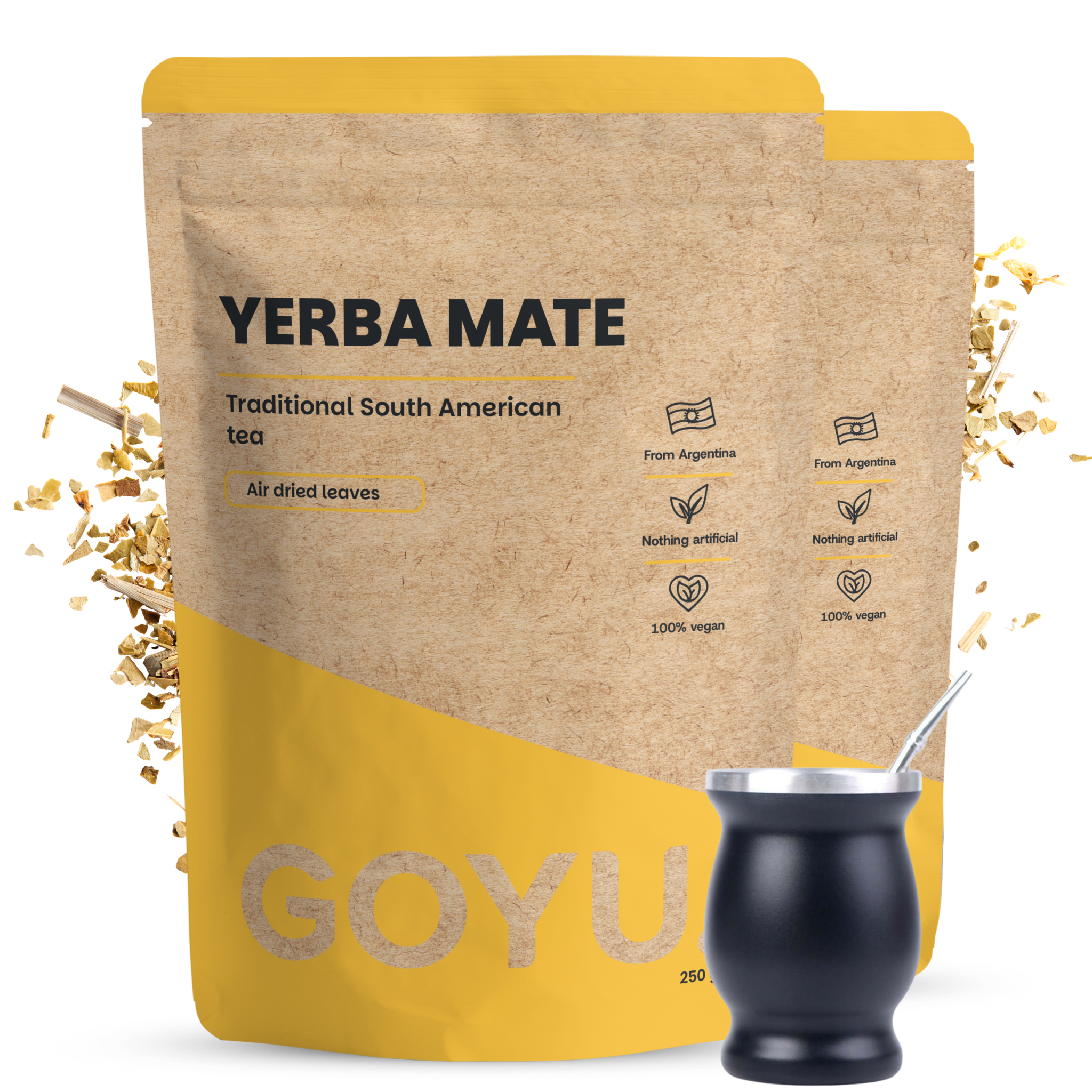 Goyu Yerba Mate Theeset met Bombilla - Ilex Paraguariensis - + Bombilla (2x 250 gram thee + kalabes + bombilla)