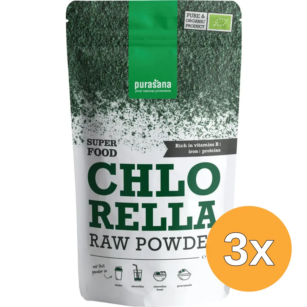 3x Purasana Chlorella Poeder/Poudre Vegan Bio (200 gr)