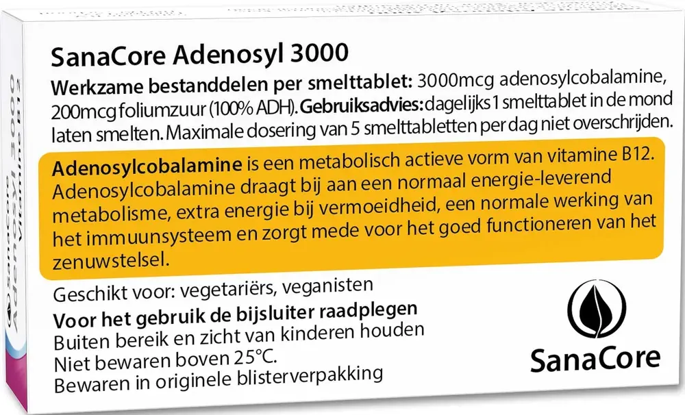 Sanacore Adenosyl 3000 Vitamine B12 + Foliumzuur Smelttabletten (60 tabletten)