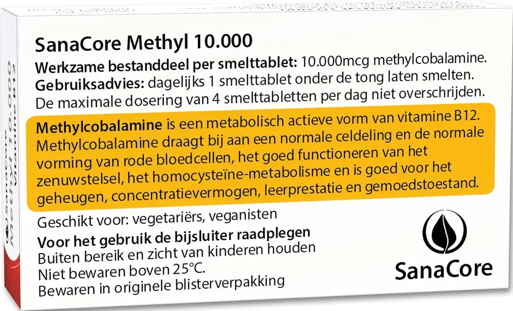 Sanacore Methyl 10.000 Vitamine B12 Kers Smelttabletten (60 tabletten)