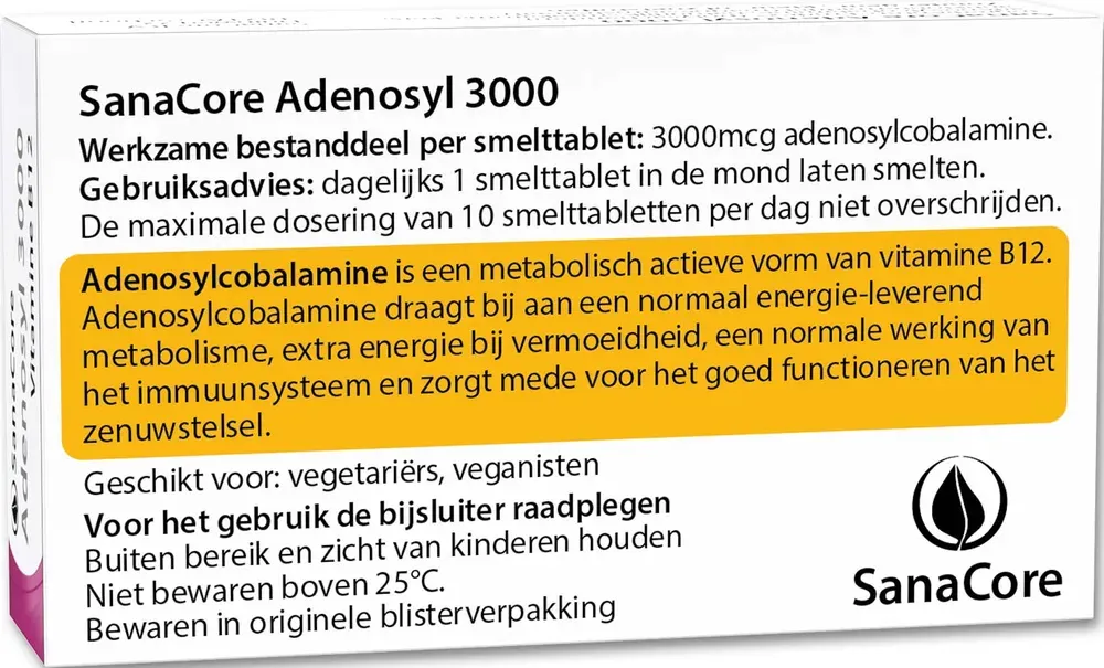Sanacore Adenosyl 3000 Vitamine B12 Kers Smelttabletten (60 tabletten)